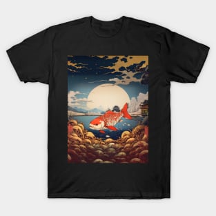 Majestic Koi: Prosperity, Good Luck, and Beauty on a Dark Background T-Shirt